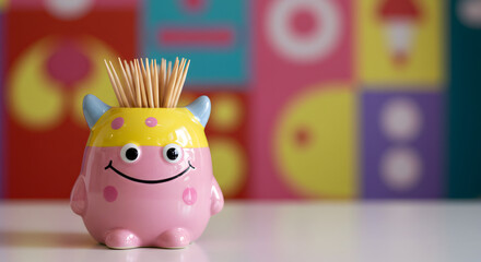 Colorful ceramic toothpick holder shaped like a playful monster with a smiling face and spiky hair, set against a vibrant geometric background, adding charm to any dining space