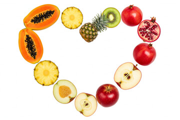 Fruit love heart graphic, vibrant and playful design with assorted cut fruits including pineapple, apple, papaya, kiwi, pomegranate, and other fruits.