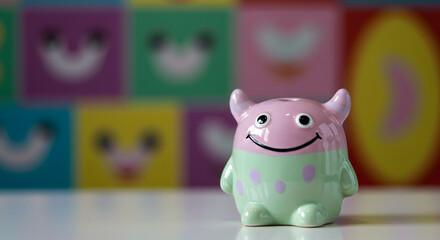 Colorful ceramic monster figurine with a smiling face, placed on a white surface, against a vibrant backdrop of playful cartoon designs and cheerful colors, evoking joy and creativity