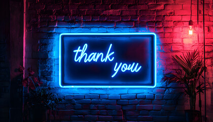 Neon sign Thank you glows, framed blue light. Background textured brick wall. Expressive sign for appreciation, gratitude, good vibes. Decor, modern urban aesthetics, message of positivity