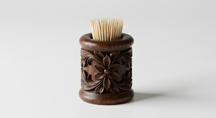 Wooden toothpick holder with intricate floral carvings, showcasing craftsmanship and design, featuring toothpicks arranged neatly, ideal for home decor and dining settings