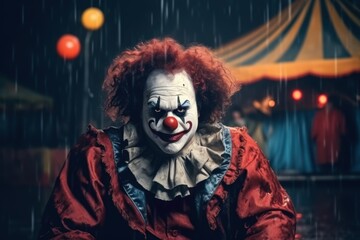 Portrait of a clown in the rain against the backdrop of a circus. Halloween theme. Evil Clown. Creepy Evil Clown. Horror movie Concept. Halloween Concept with Copy Space.