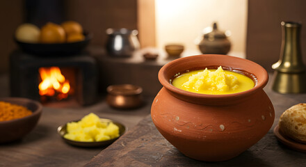 Traditional clay pot filled with creamy yellow dish, surrounded by rustic kitchen elements, showcasing warm ambiance and cultural culinary heritage in a cozy setting