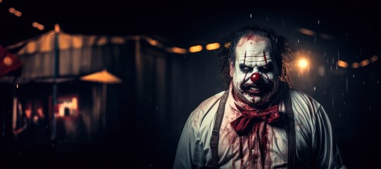 Portrait of a scary clown in the rain. Horror film. Halloween theme. Evil Clown. Creepy Evil Clown. Horror movie Concept. Halloween Concept with Copy Space.