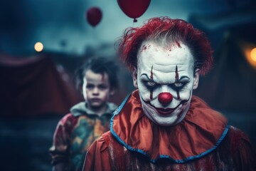 Close up of a scary clown with red hair standing in the street at night. Halloween theme. Evil Clown. Creepy Evil Clown. Horror movie Concept. Halloween Concept with Copy Space.