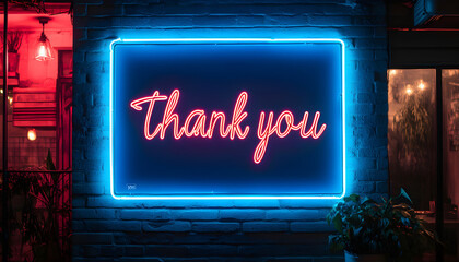 Neon sign Thank you glows, framed blue light. Background textured brick wall. Expressive sign for appreciation, gratitude, good vibes. Decor, modern urban aesthetics, message of positivity