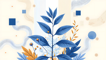 Blue and orange botanical illustration featuring stylized leaves and flowers against a soft pastel background, showcasing modern design elements and abstract shapes for creative projects