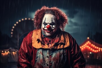 Portrait of a clown with red hair standing in the rain at night. Halloween theme. Evil Clown. Creepy Evil Clown. Horror movie Concept. Halloween Concept with Copy Space.