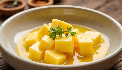 Freshly cut cubes of yellow butter are elegantly arranged in a shallow bowl, glistening with oil, garnished with a sprig of green herb, showcasing culinary artistry and flavor
