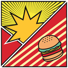 Pop art burger and burst vector illustration