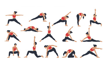 A group of stylized woman practicing various yoga poses in a flat design, ideal for wellness, health, and fitness concepts.