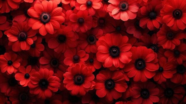 Abundance of vibrant red flowers with dark centers creating a textured and rich floral background, perfect for various artistic and decorative purposes