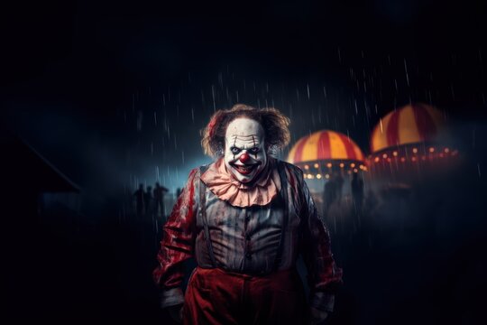 Scary clown with red wig in the rain. Halloween concept. Halloween theme. Evil Clown. Horror movie Concept. Halloween Concept with Copy Space.