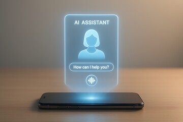 AI assistant hologram displayed on smartphone at home workspace  
