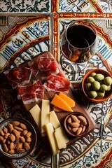 Top-down view of a tapas board featuring jamon iberico, manchego cheese, olives, almonds, and a glass of red wine on a patterned Spanish tile table.