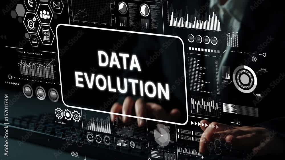 Poster hands manipulating futuristic digital interface with the text 'data evolution' highlighting trends a