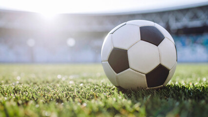 Soccer ball on the green grass of football stadium. Soccer ball on the field