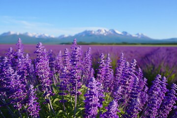 Vast field of vibrant purple lavender blooms with distant snow capped mountains against a clear blue sky
