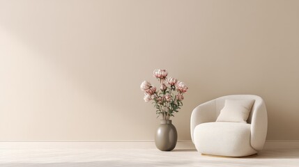Elegant interior scene with soft beige chair, neutral cushion, and pink protea flowers in ceramic vase against warm beige wall, ideal for minimalist mockups, branding, and decor design