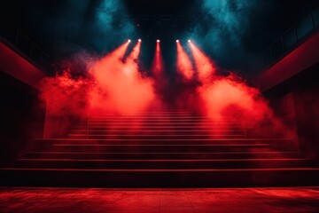Empty theater stage with wooden floor, steps, and colorful spotlights pointing down, ready for a dramatic performance or special event