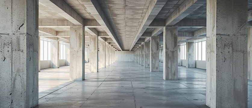 Empty concrete industrial building features minimalist architecture with repetitive pillars and bright natural window light