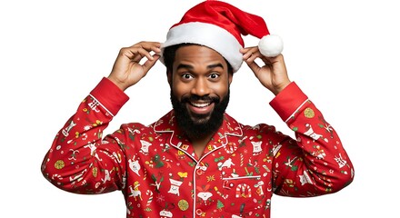 Cartoon realistic man wearing bold holiday pajamas and adjusting a Santa hat with a cheerful expression, white background

