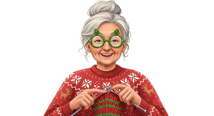 Cartoon realistic elderly woman smiling warmly while knitting with red and green yarn, wearing festive glasses, white background

