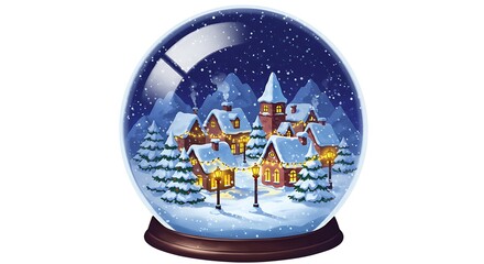 Cartoon realistic snow globe with a glowing winter village in rich colors, snowy rooftops, and twinkling yellow lights, white background

