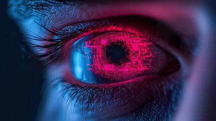 Close-up of a human eye with digital data overlay, biometrics, technology