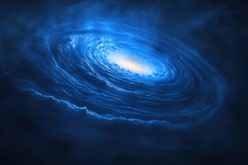 A mesmerizing cosmic swirl of blue clouds, a celestial vortex leading to a bright core.