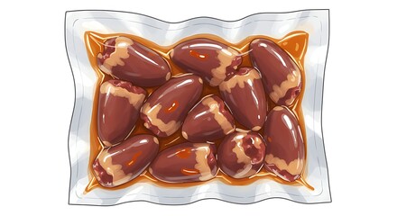 Cartoon vacuum-sealed package of marinated chicken hearts, glossy reddish seasoning, juicy and fresh, highly detailed, vibrant, clean white background.

