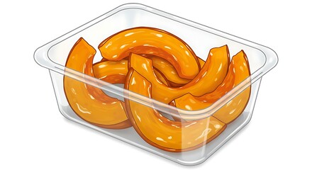 Cartoon clear container with roasted pumpkin slices, golden with caramelized edges, glossy oil shine, highly detailed, vibrant, clean white background.

