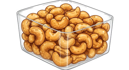 Cartoon transparent box with roasted cashews, golden brown with glossy texture, shiny seasoning visible, highly detailed, vibrant, clean white background.

