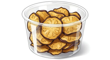 Cartoon transparent container with fried eggplant chips, golden brown crispy slices, glossy texture, highly detailed, vibrant, clean white background.

