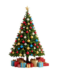 Colorful Christmas Tree with Ornaments and Gifts Underneath for Festive Celebration and Holiday Season