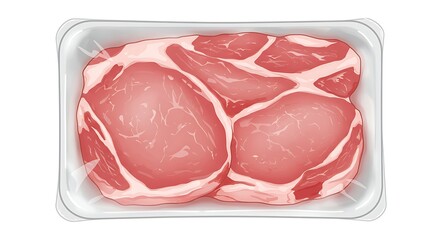 Cartoon sealed tray with raw pork tenderloin fillets, light pink with white marbling, glossy surface, juicy, highly detailed, clean white background.

