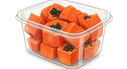 Cartoon transparent container with sliced papaya, vibrant orange flesh with glossy seeds, juicy, highly detailed, clean white background.

