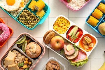 Many lunchboxes with different delicious food on white tile background