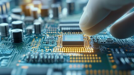 Close-up of AI chip being inserted into a sleek wearable device, hands with gloves, soft background blur of high-tech lab, visible microstructure of components and circuit lines