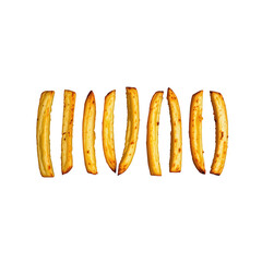 Crispy Golden Brown French Fries Arranged in a Horizontal Line on a Transparent Background
