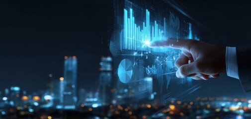 The hand interacting with digital financial graphs in a futuristic cityscape at night.