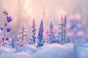 Snow-covered lupines in a winter wonderland, bathed in soft sunlight, serene and peaceful.
