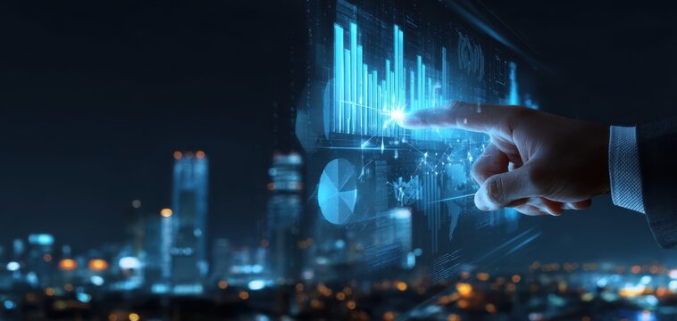 The hand interacting with digital financial graphs in a futuristic cityscape at night.