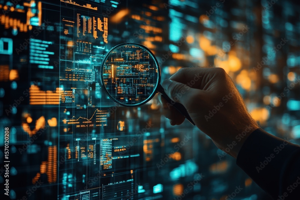 Poster man holding magnifying glass inspecting complicated digital data displayed on a computer screen