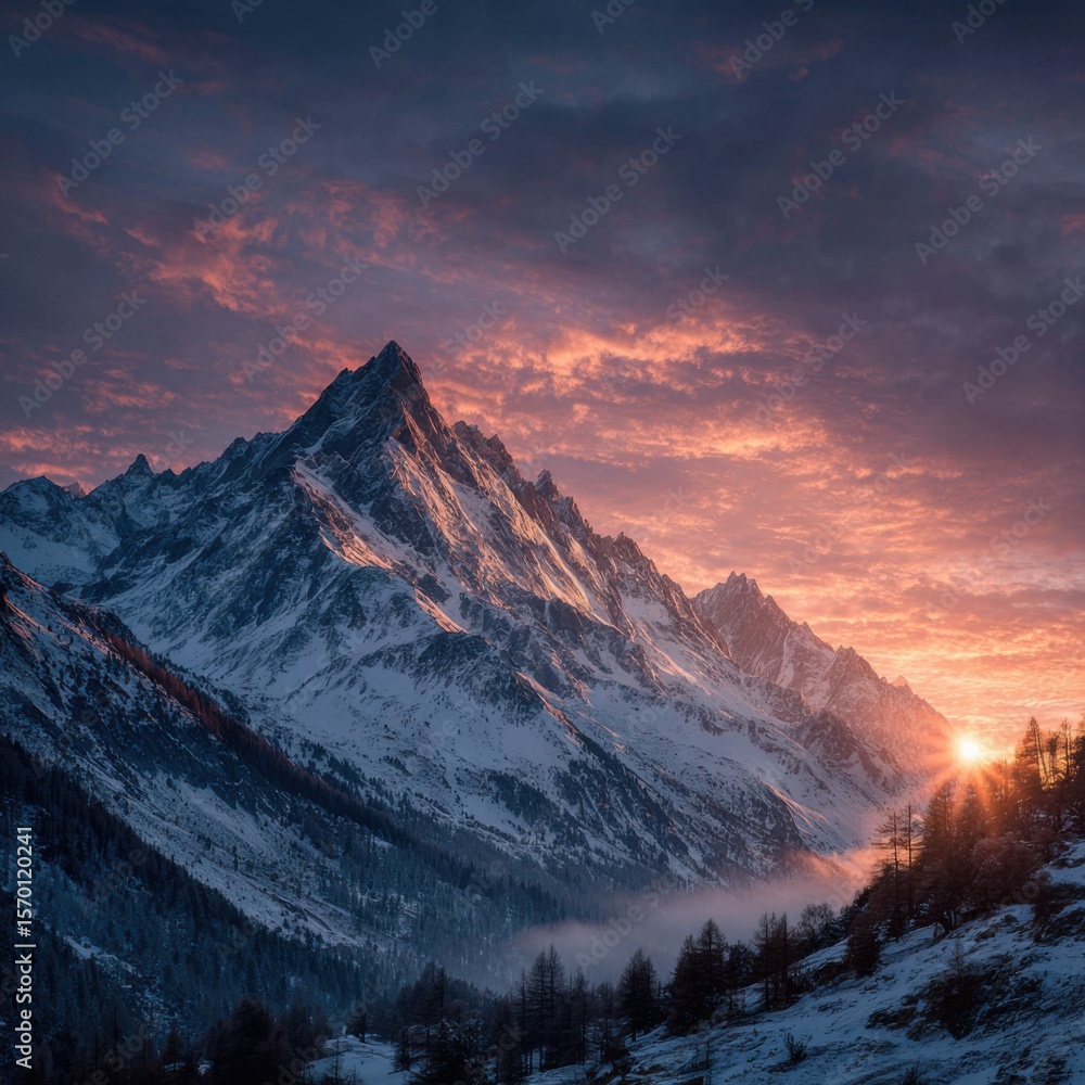 Poster the mountains are covered in snow and the sun is setting behind them. the sky is filled with clouds 