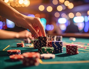 Hands arranging poker chips on green table