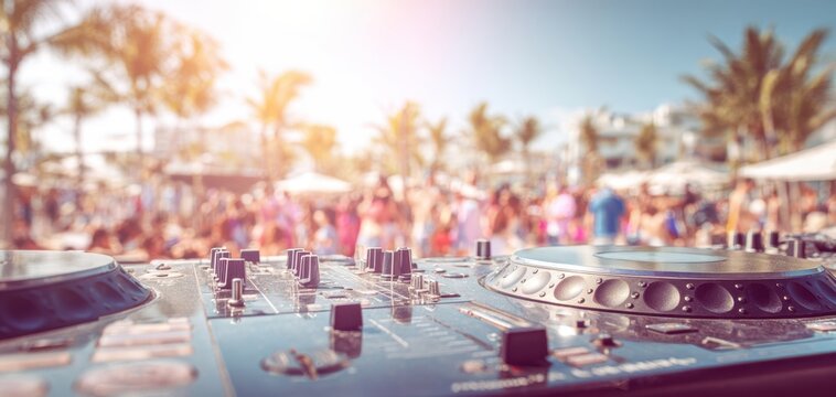 The DJ equipment sets the stage for a vibrant summer beach party.
