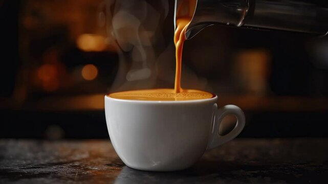 Pouring Hot Coffee Into a White Cup at a Cozy Coffee Shop