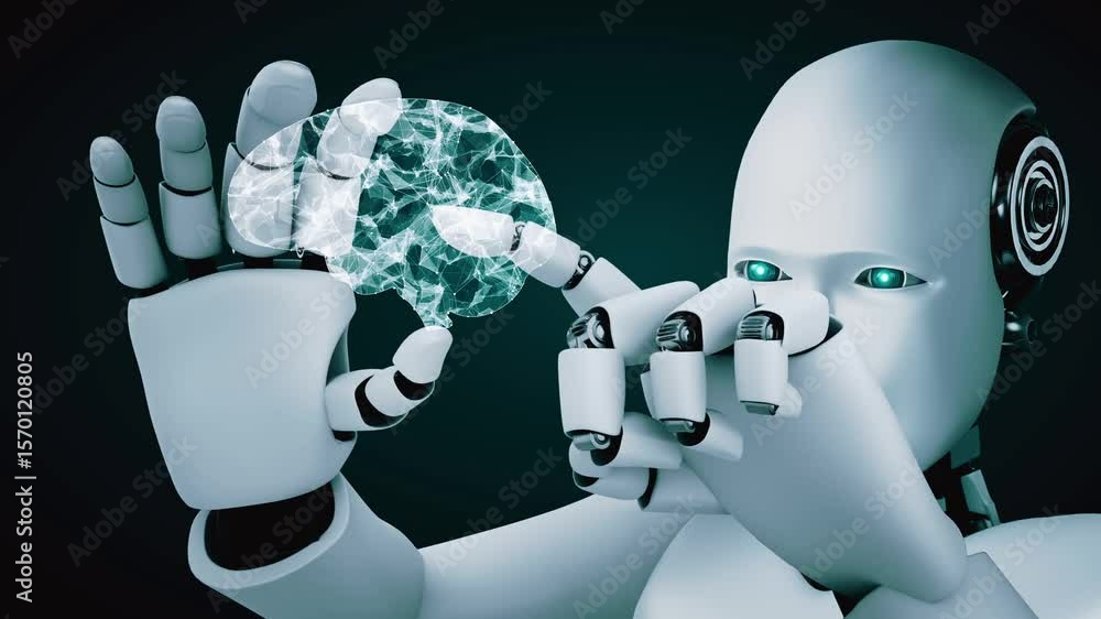 Poster robot hominoid hold hud hologram screen in concept of ai thinking brain, artificial intelligence and