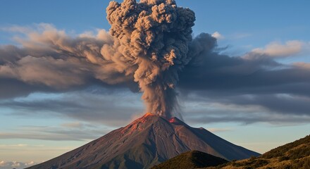 Volcano erupts spewing smoke and ash into the sky with a cloudy background.